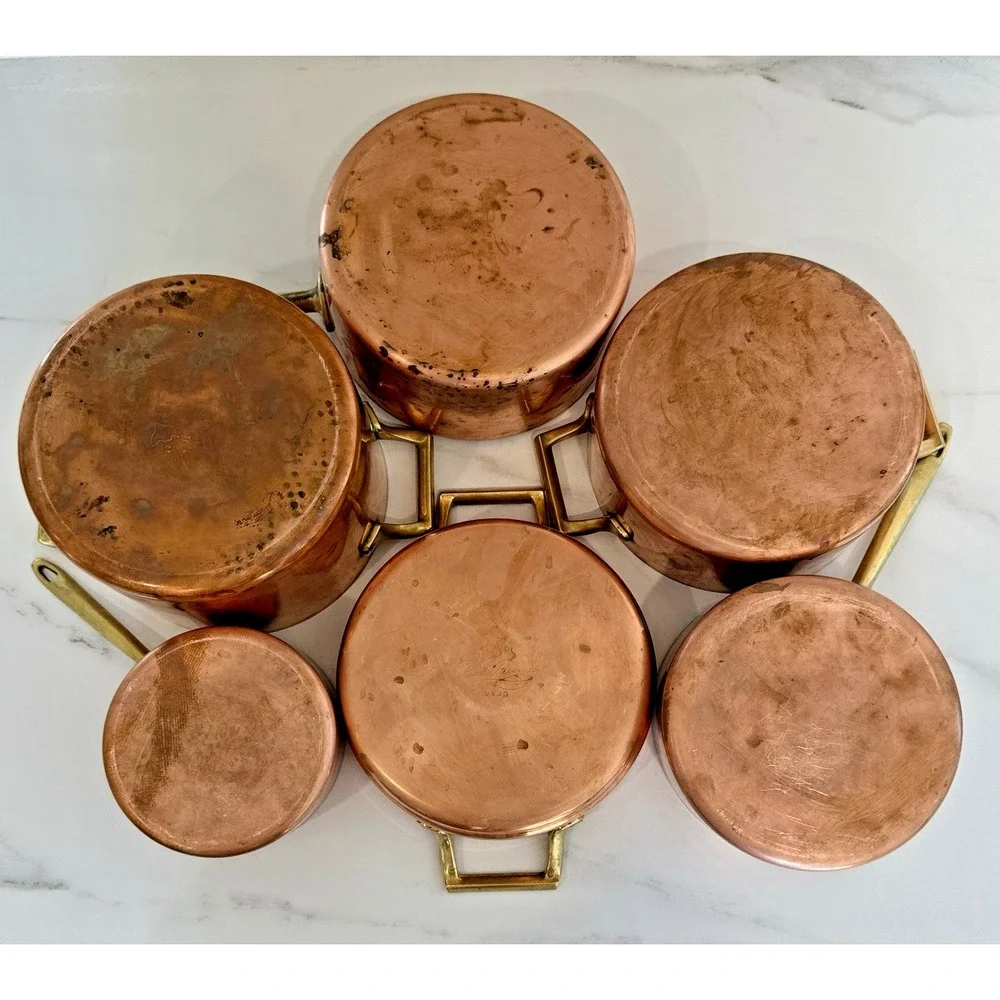 Copper Pans Paul Revere 11 Pc Cookware Set Brass Handles USA Vintage Signed
